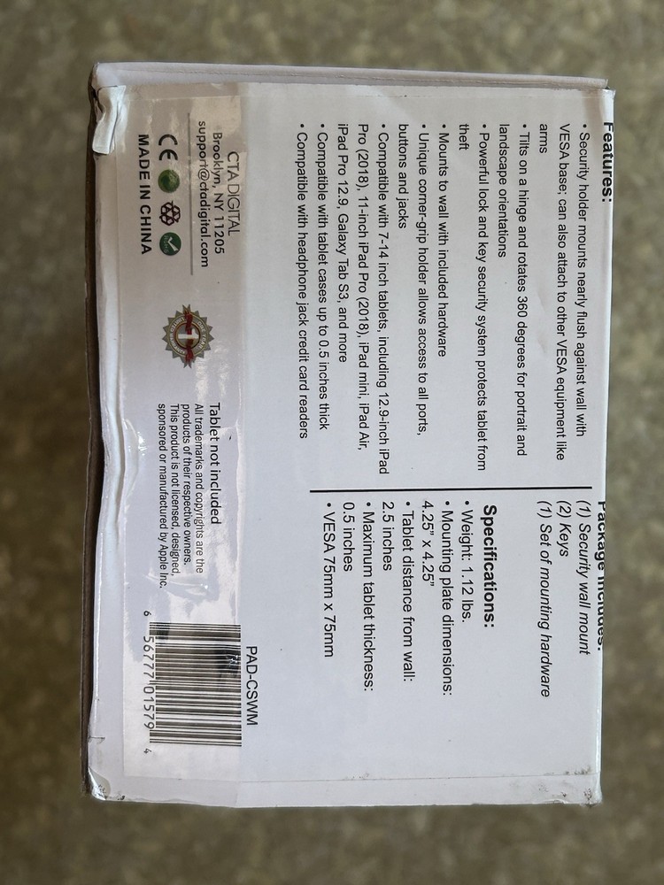 CTA DIGITAL Compact Security Wall Mount PAD-CSWM for 7-14” Tablets & iPad New