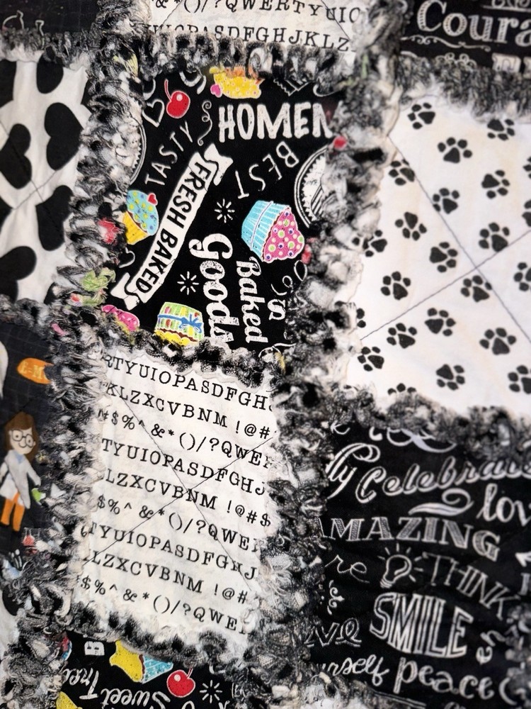 Homemade Patchwork Quilt Black & White Cotton Text and Pattern Design