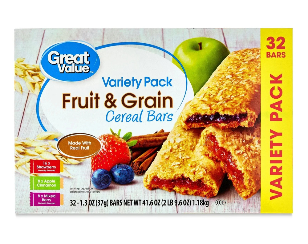 Great Value Fruit & Grain Cereal Bars, Variety Pack, 1.3 oz, 32 Count