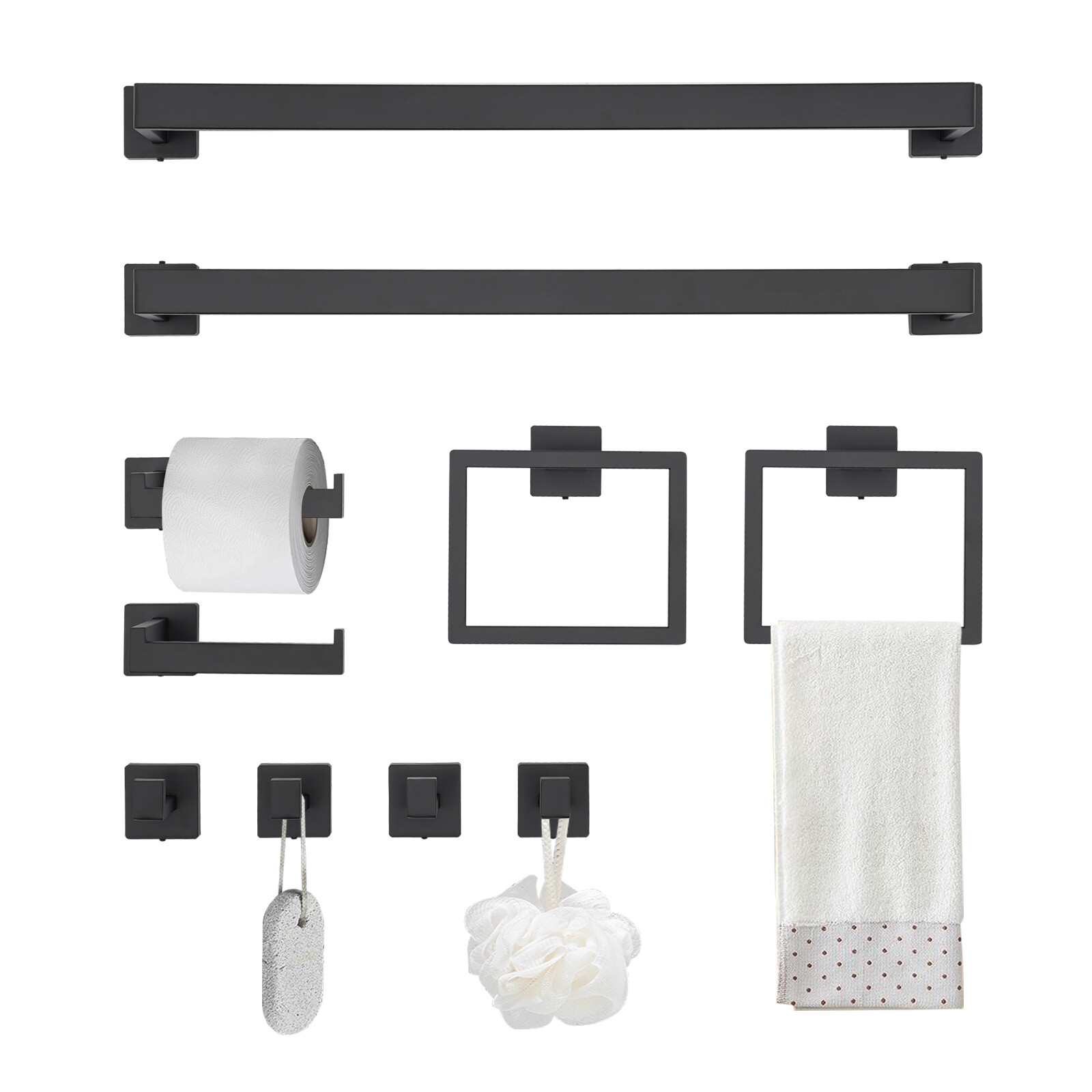 10-Piece Matte Black Bathroom Accessories Set with Towel Bars and Hooks