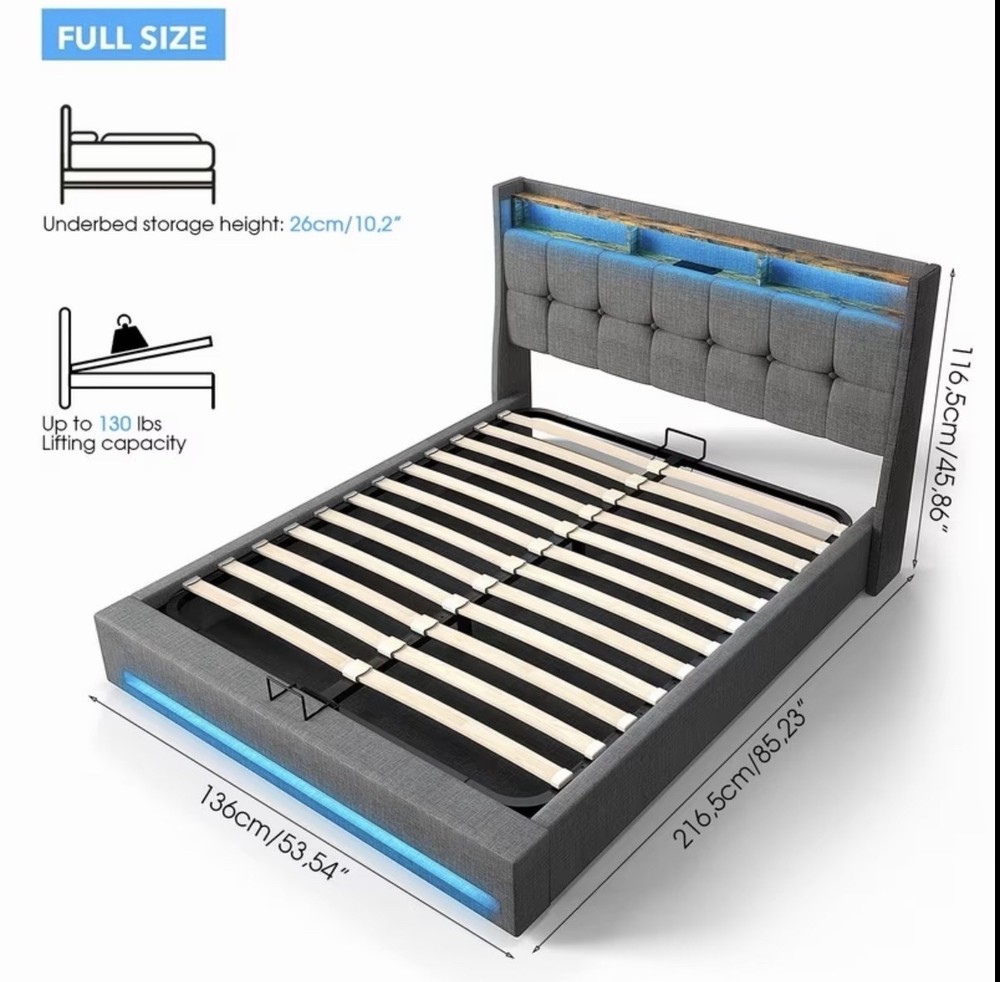 Modern double bed with LED, linen container and padded backrest