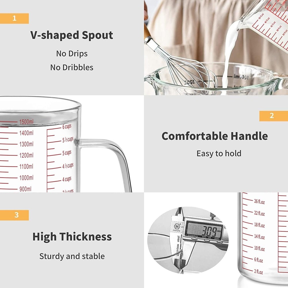 Luvan 6-Cup Glass Measuring Cup, Easy Read, Ml/Oz/Cups, Borosilicate