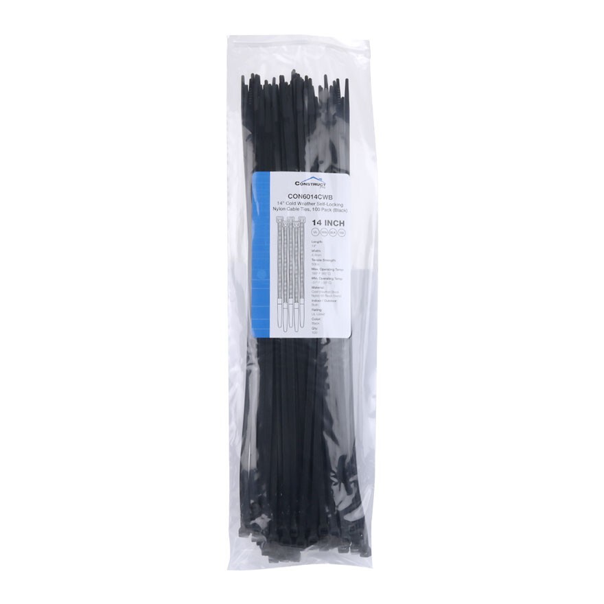 1000 Pack Construct Pro 14” Cold Weather Self-Locking Nylon Cable Ties Black Zip