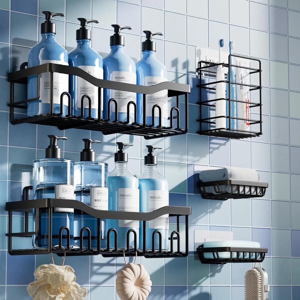 5-Pack Rustproof Stainless Steel Shower Caddy Set - No Drill Adhesive Organizer