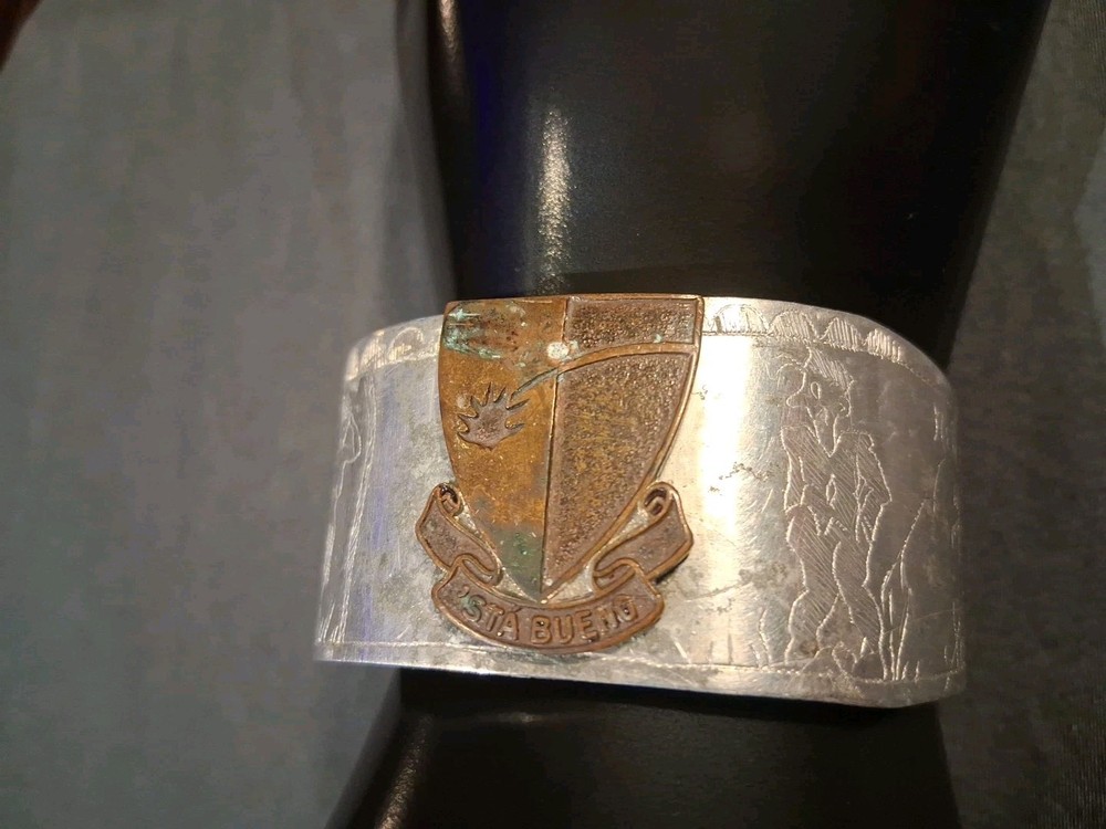WWII 1943-44~US Navy~Engraved Trench Art Bracelet Cuff Hula Lady South Pacific