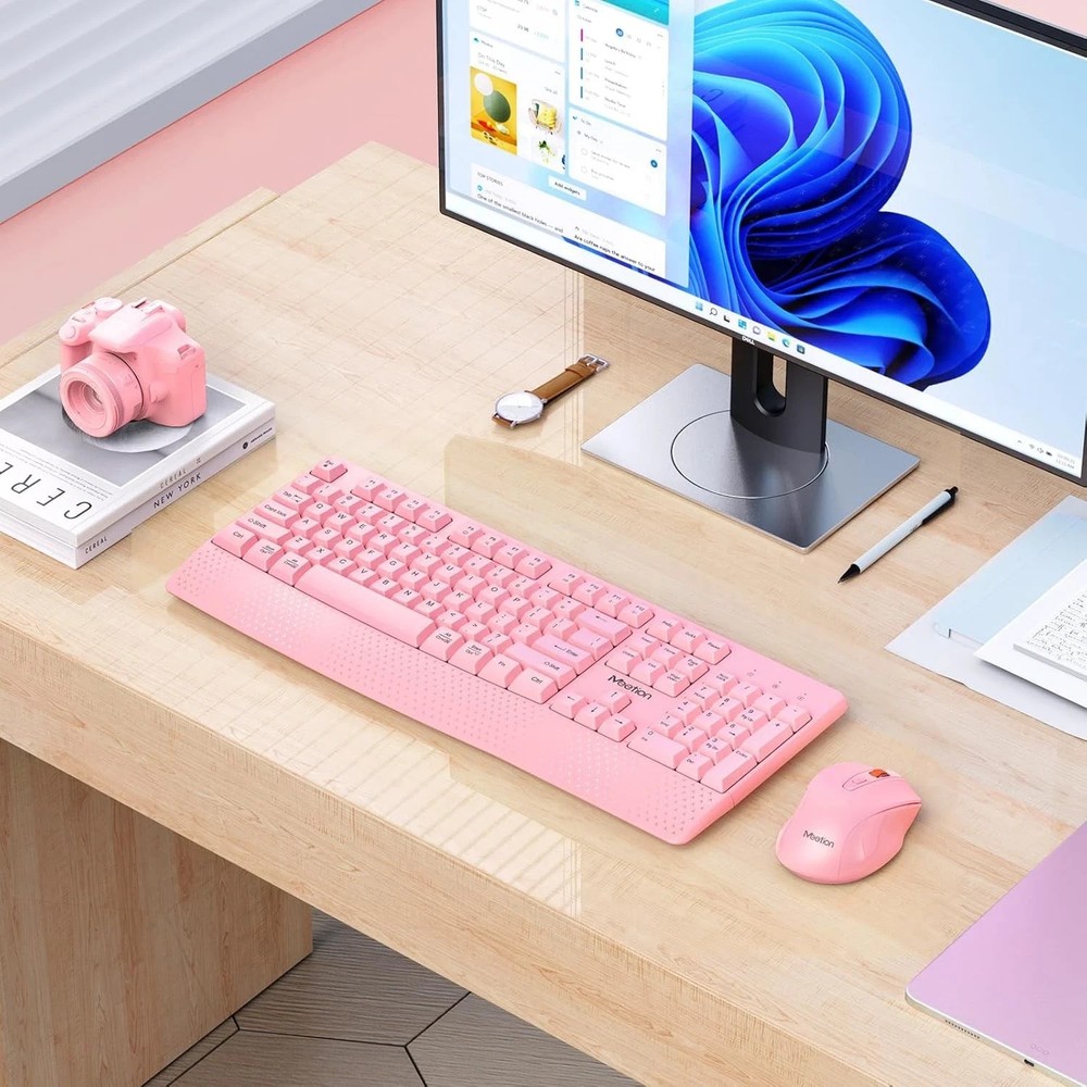 MEETION Wireless Keyboard Mouse Set Full-Sized Cordless 3 DPI Adjustable Pink