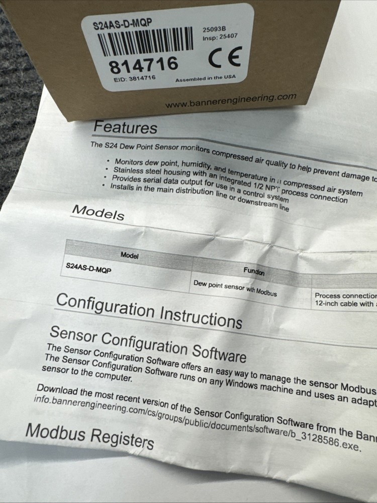 Banner 10-30Vdc Modbus RTU 1/2 NPT Process Fitting S24 Dew Point Sensor 814716