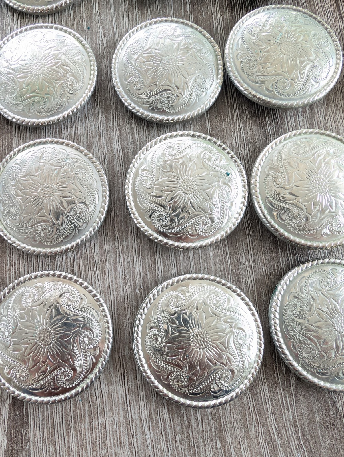 Vintage Handmade Silver Conchos Rope Edge Sunflower Engraved Set Of 16