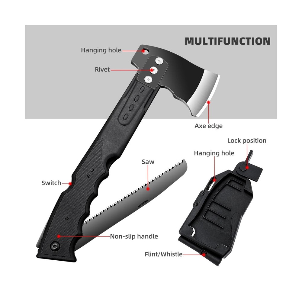 Multifunctional Hammer Head Axe Survival Tactical Tool - Folding Saw, Flintst...