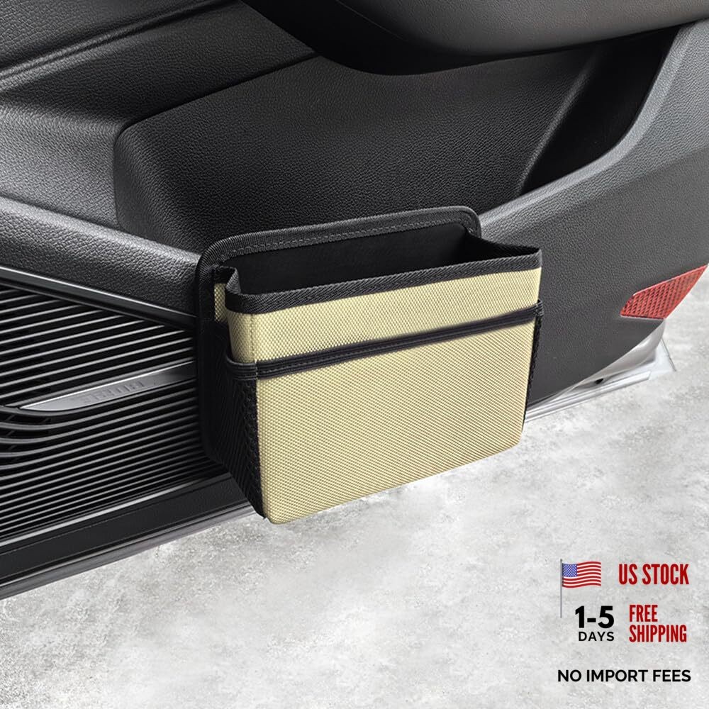 Car Trash Can, Foldable Multifunctional Hanging Storage Box Trash Can beige