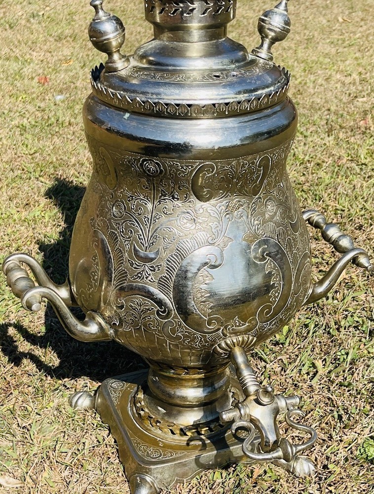Large Exceptional Moroccan Samovar With Hand Chaised Surface Signed L Z.