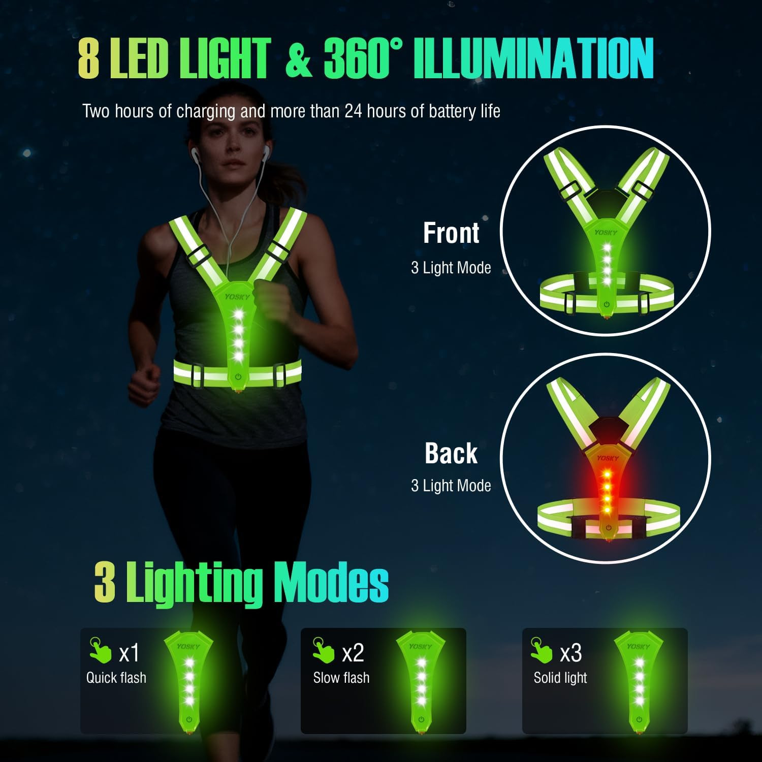 8 LED Running Reflective Gear Rechargeable Adjustable Running Lights Vest Safety