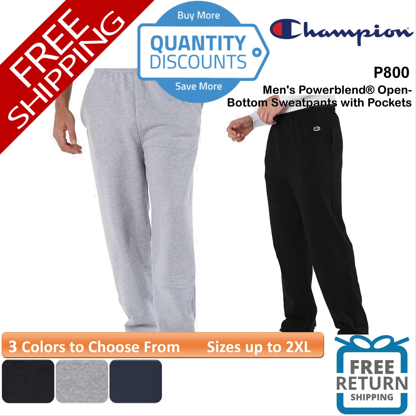 🔥 Champion Men's Powerblend Open-Bottom Sweatpants with Pockets Up To 2XL P800