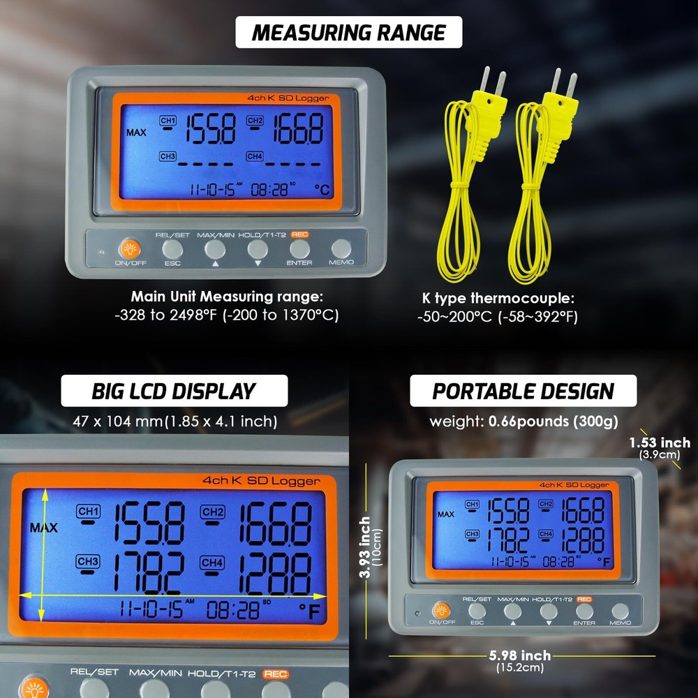 K Type Thermometer Data Logger 4 Channels Thermocouple Thermometer Digital Te...