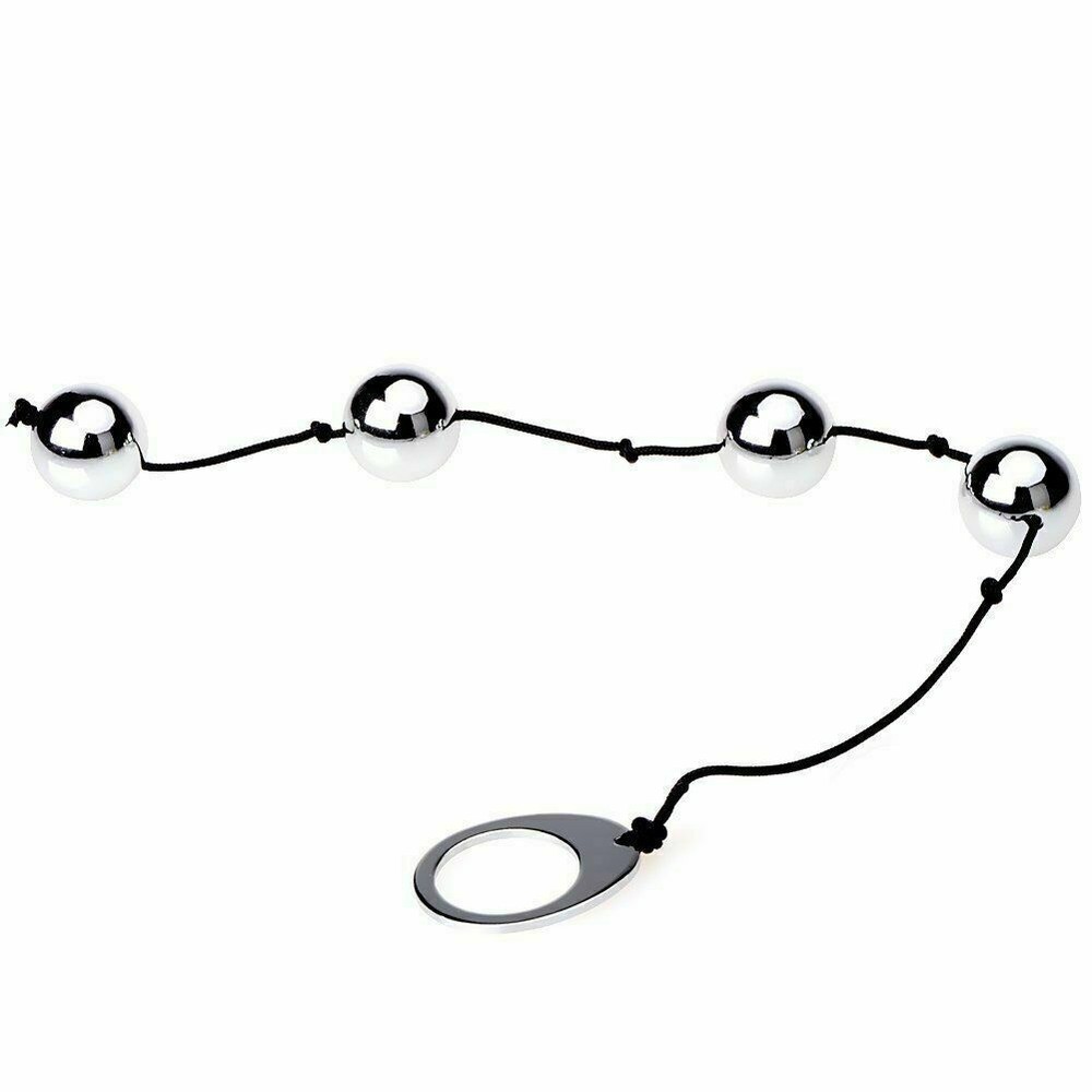Four Heavy Metal Anal Beads with String & Easy Pull Loop Ring 10 Inch