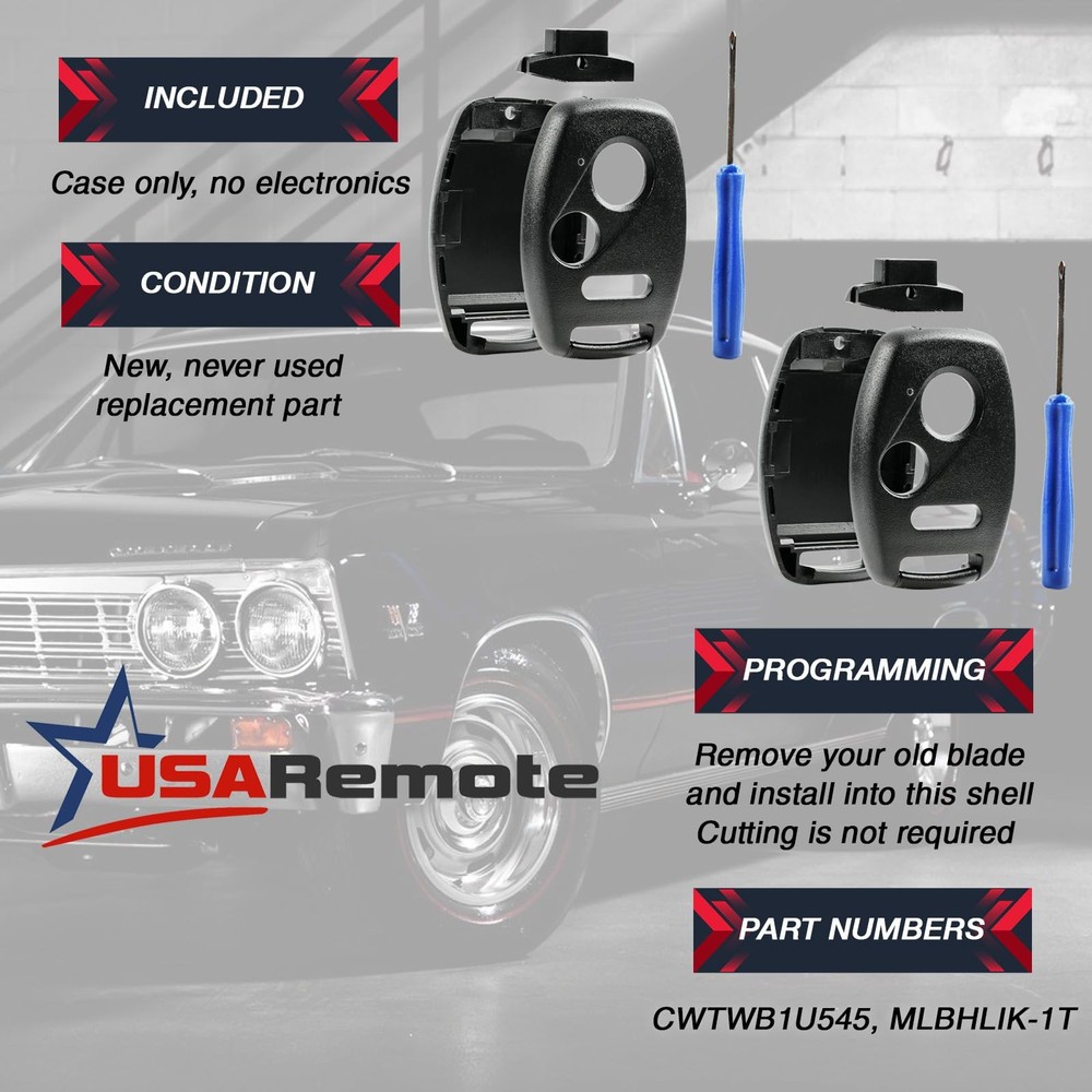 Cutting NOT Required - 2 Key Fob Keyless Entry Remote Shell 2-Pack, Black