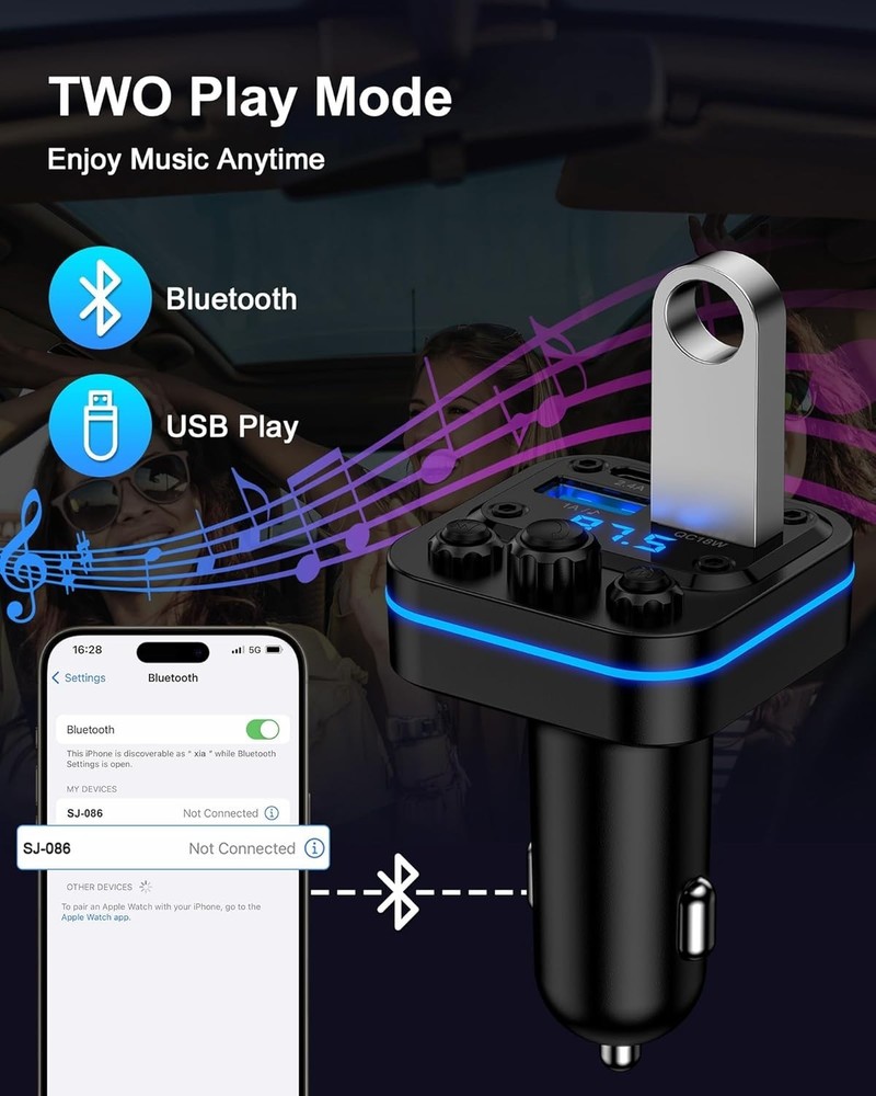 Bluetooth FM Transmitter Car 54W FastCharger USB C A Wireless for iPhone Samsung
