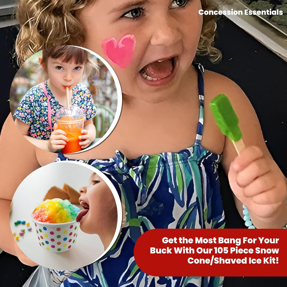 105 Piece Multi-Colored Snow Cone/Shaved Ice Kit - Includes 25 Rainbow Polka Dot