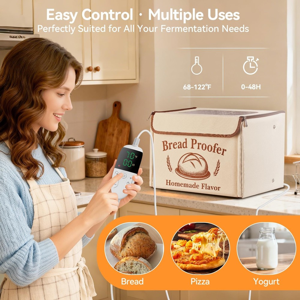Proofing Box - Foldable Proofing Bread Box with 68-122°F Temp Control & 48H