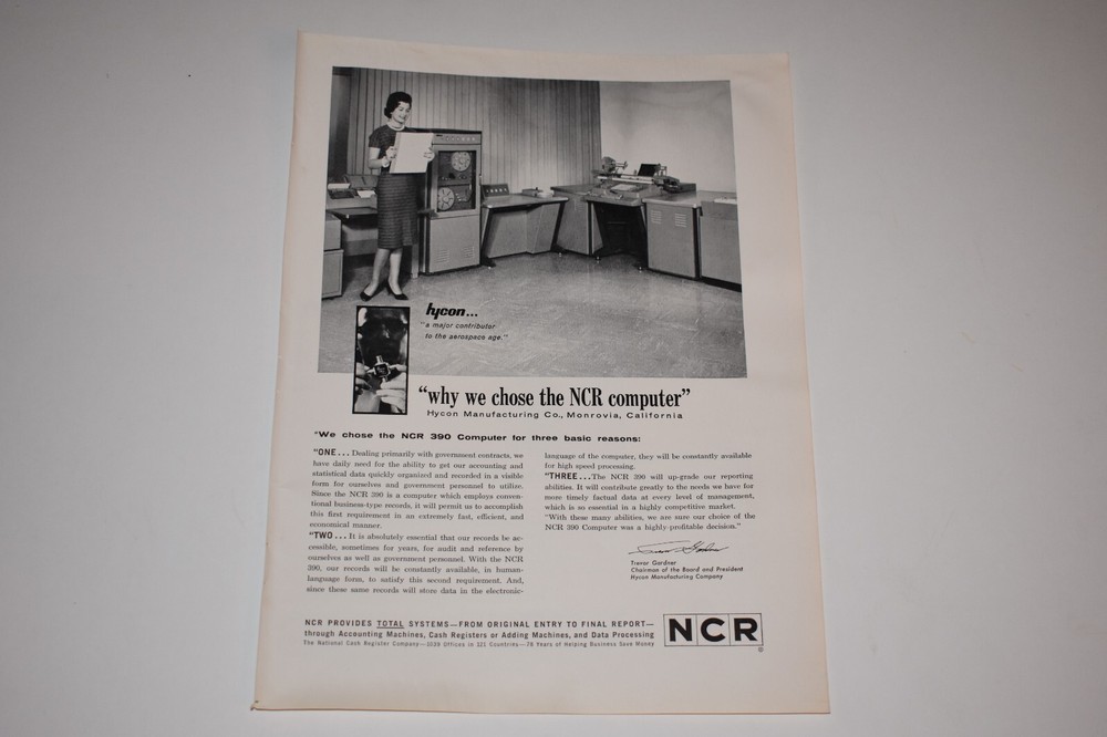 Vintage 1962 NCR 390 Computer Print Ad.