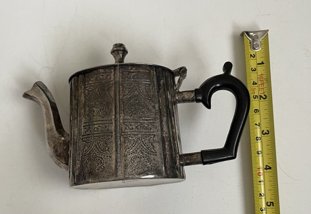 Silverplate Teapot Circa 1800 Black Handle Hinged Lid