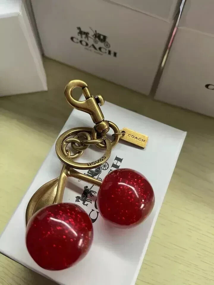 Cherry Bag Charm KeyChainCoachGlitter Resin Metal Brass Red Apple Gifts NIB