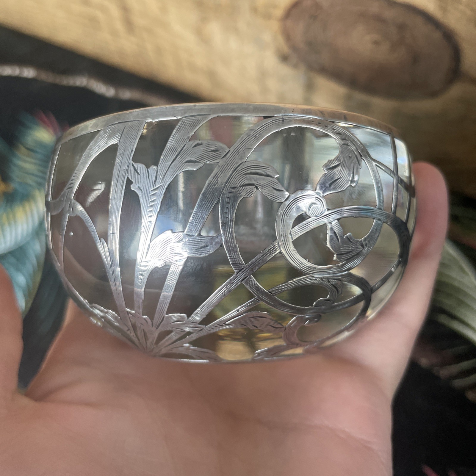 Antique Sterling Silver Overlay Glass Globe Art Nouveau Inkwell