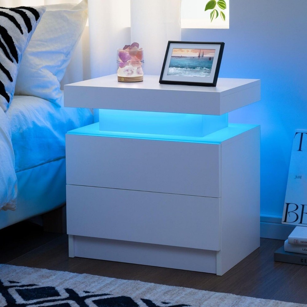Cubehom White Nightstand LED Bedside Table for Bedroom Modern