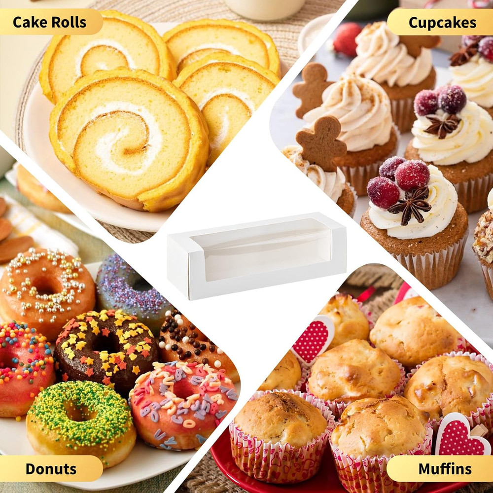 24 Pack 12"X 4" X 3.5" Roll Cake Boxes White Bakery Windows Auto-Popup Pastry
