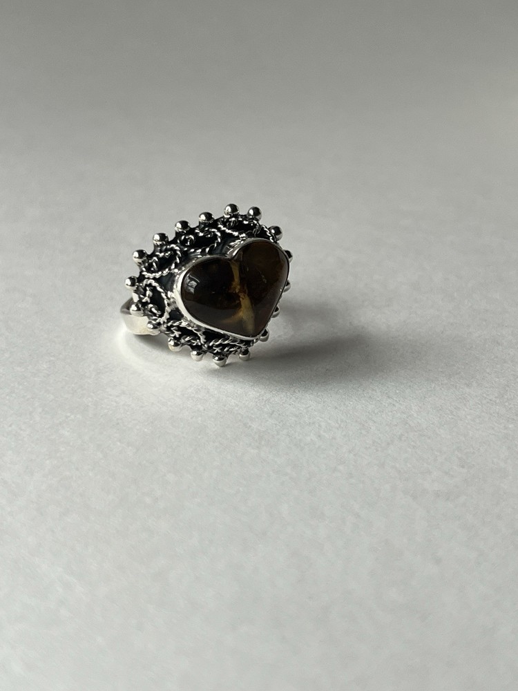 Amber Heart Ring 925 Sterling Silver Adjustable Artisan Statement