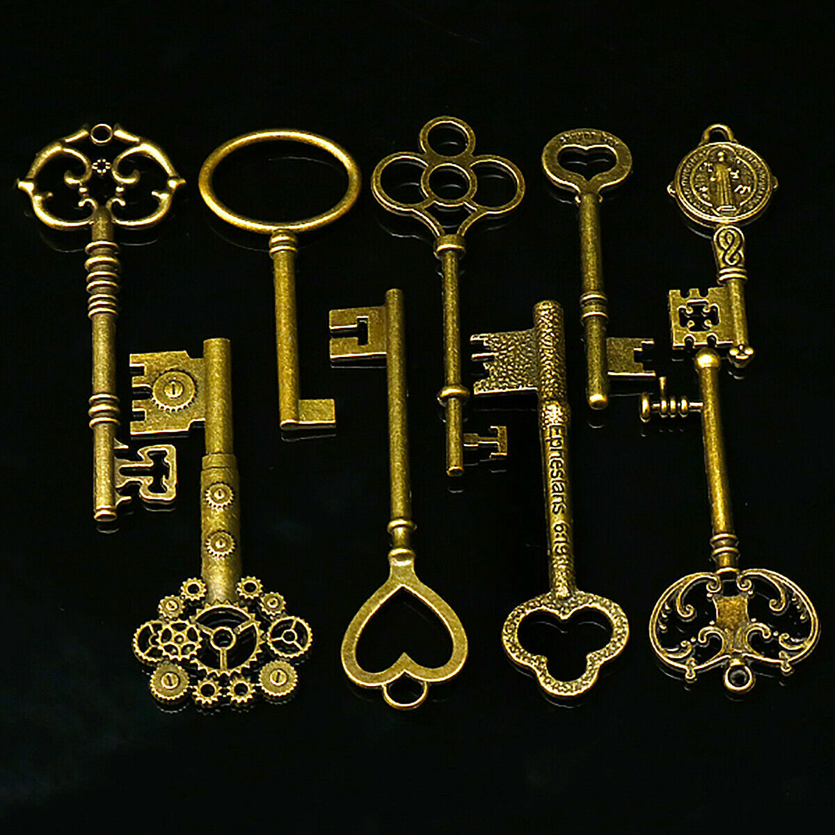 9pcs old Brass Skeleton Lot Keys BIG Large Antique Vintage for DIY Making Lock