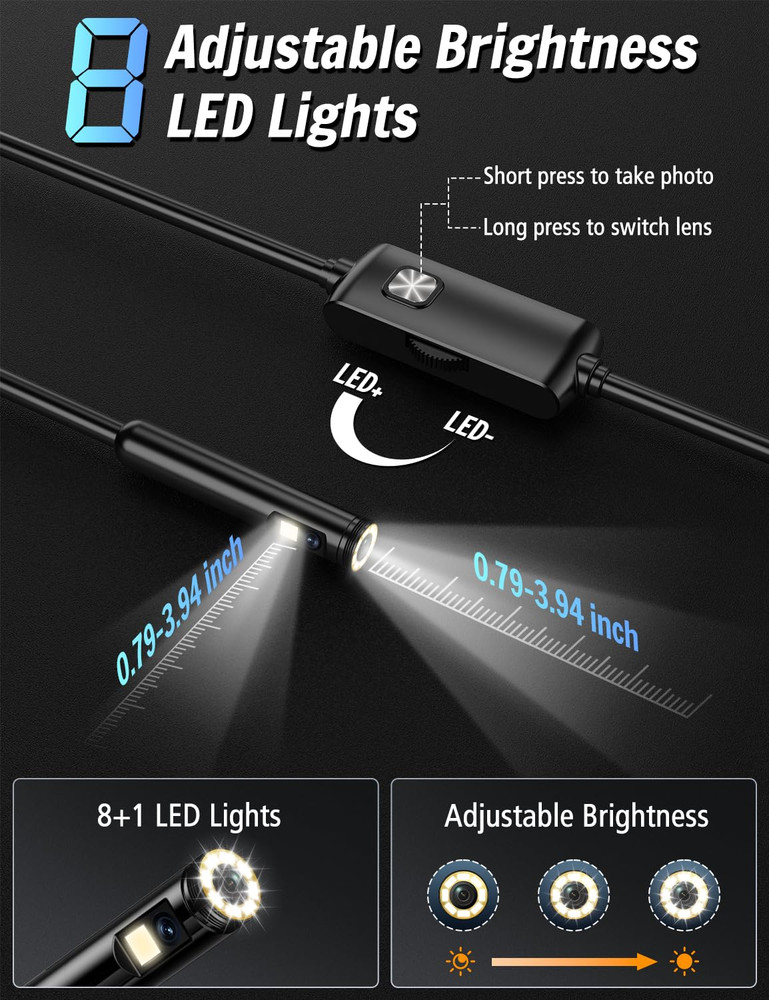 Dual Lens Endoscope Camera with Light, 1920P HD Borescope with 8 Adjustable LED