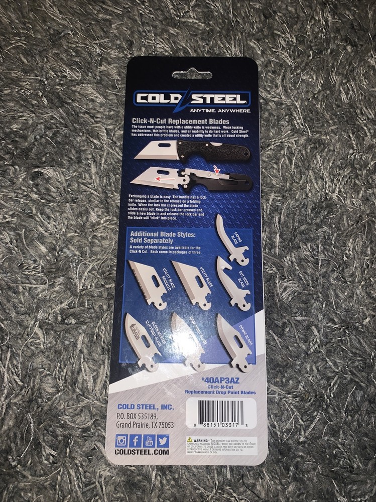 New Cold Steel Click N' Cut Drop Point Replacement Blades 3 Pack