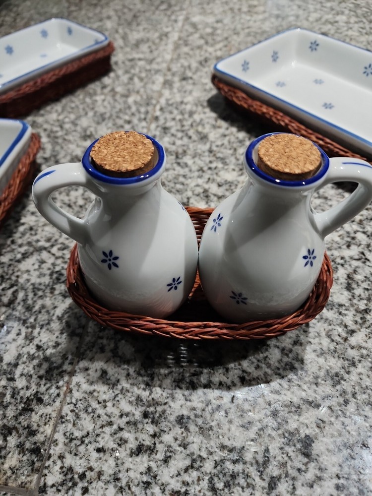 Ceramic bakeware Casserole Dish set w/wicker Baskets & Cruets set. NWOB