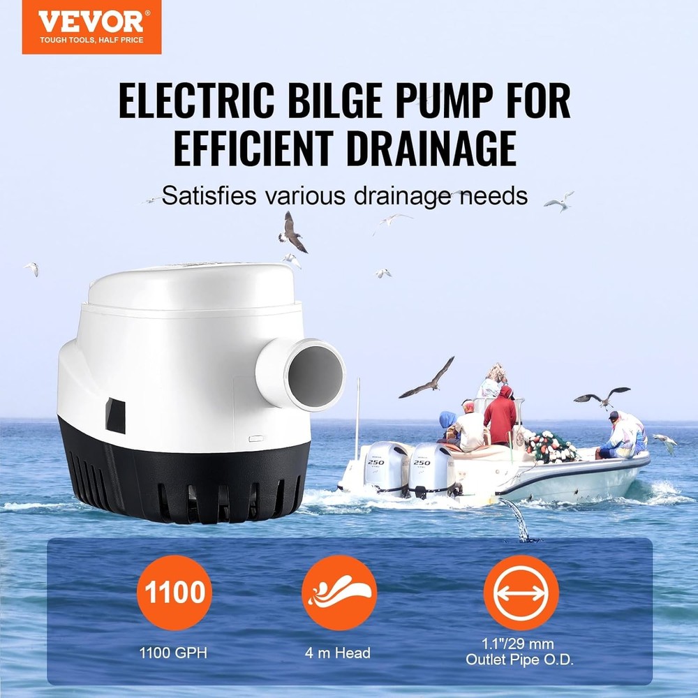 Bilge Pump, 1100GPH 12V Automatic Submersible with Float Switch for Boats/Pools