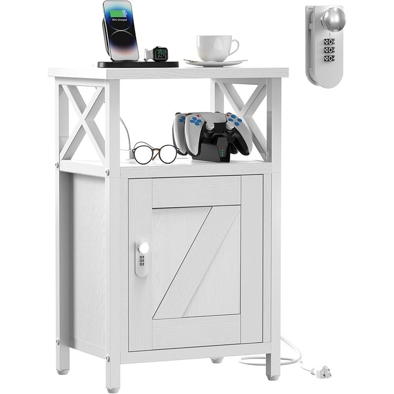 Nightstand W/ Lock USB Charging Station Large Storage Multi-Function Design