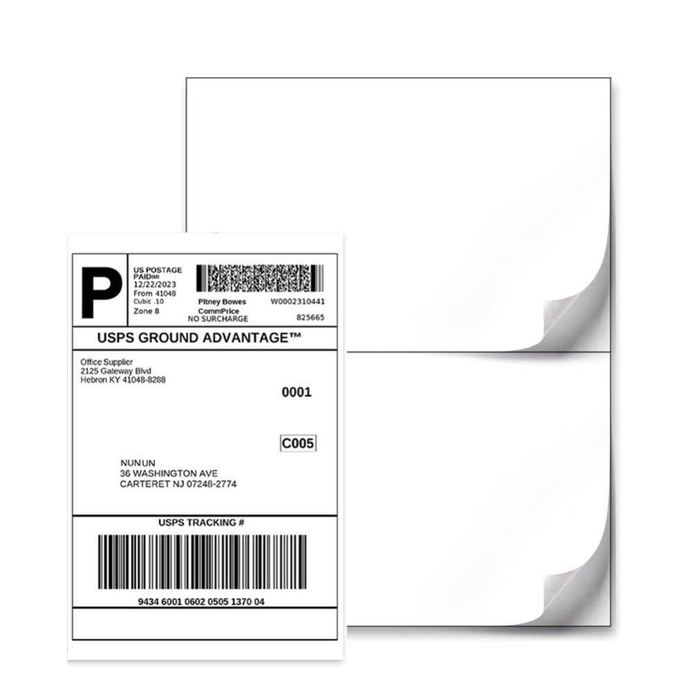 Premium 8.5x5.5 Half Sheet Shipping Labels 2 per Sheet Matte White Self Adhesive