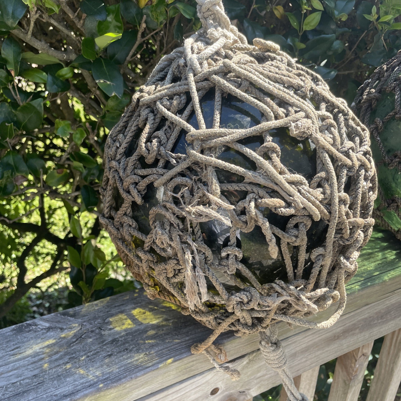 Japanese Large Glass Fishing Float Buoy Ball Net Vintage, Green