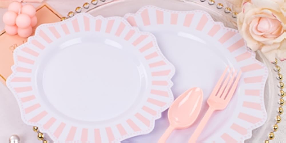 Disposable Pink and White Stripped Plastic Plates and Sierware