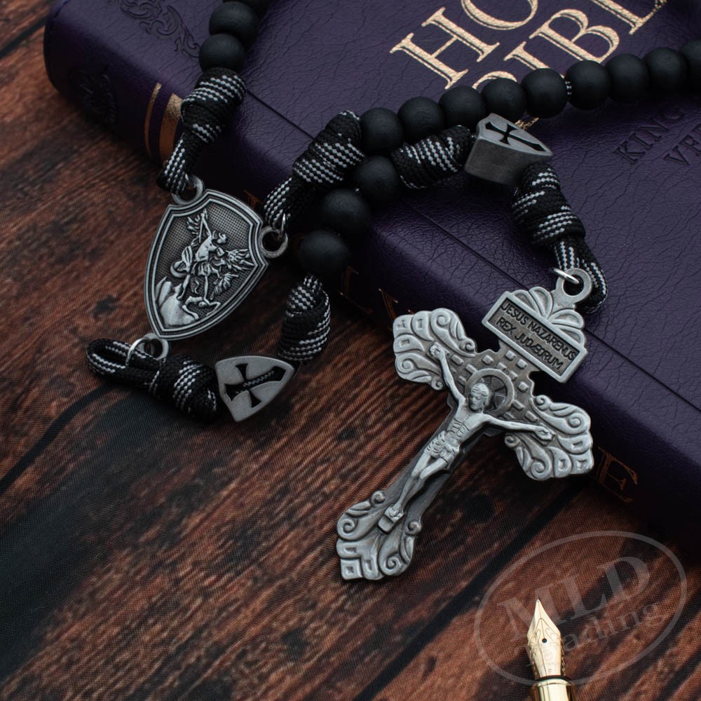Saint St Michael Black Rosary Necklace – Large Paracord Wood Beads Design 26"