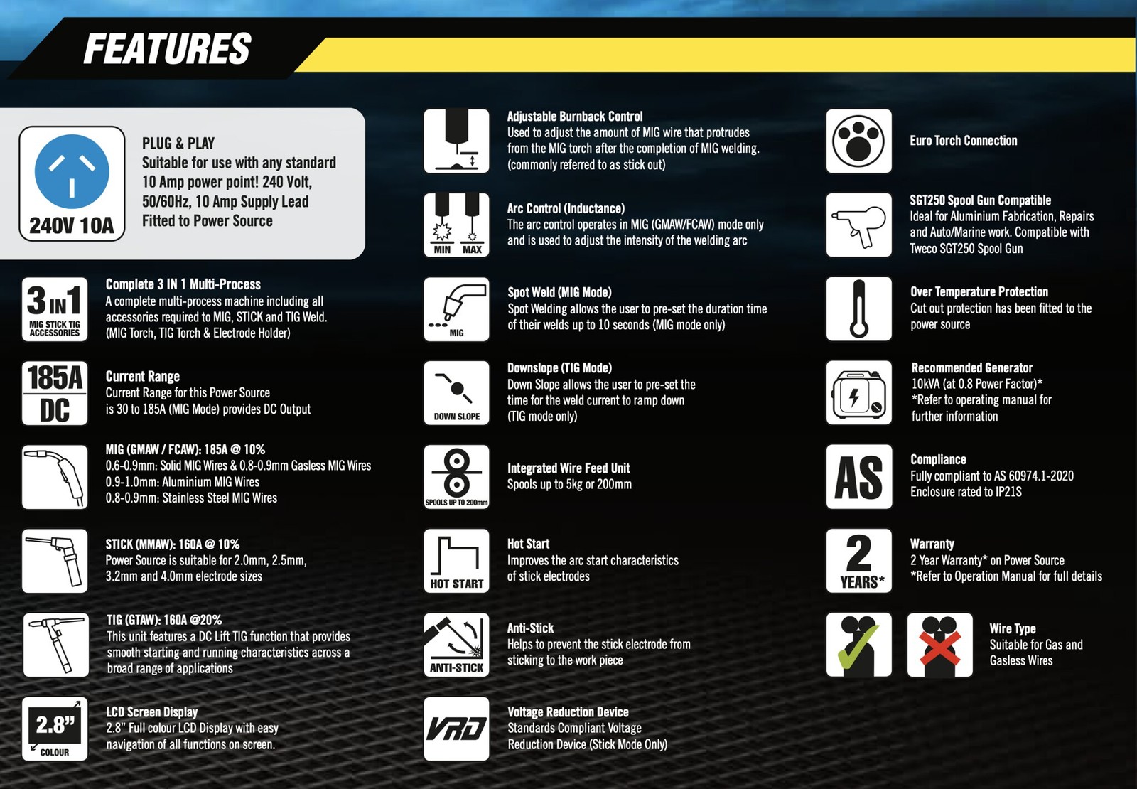Cigweld Weldskill 185 LCD Welder, Mig Torch & Tig Torch Stick 185LCD W1008193