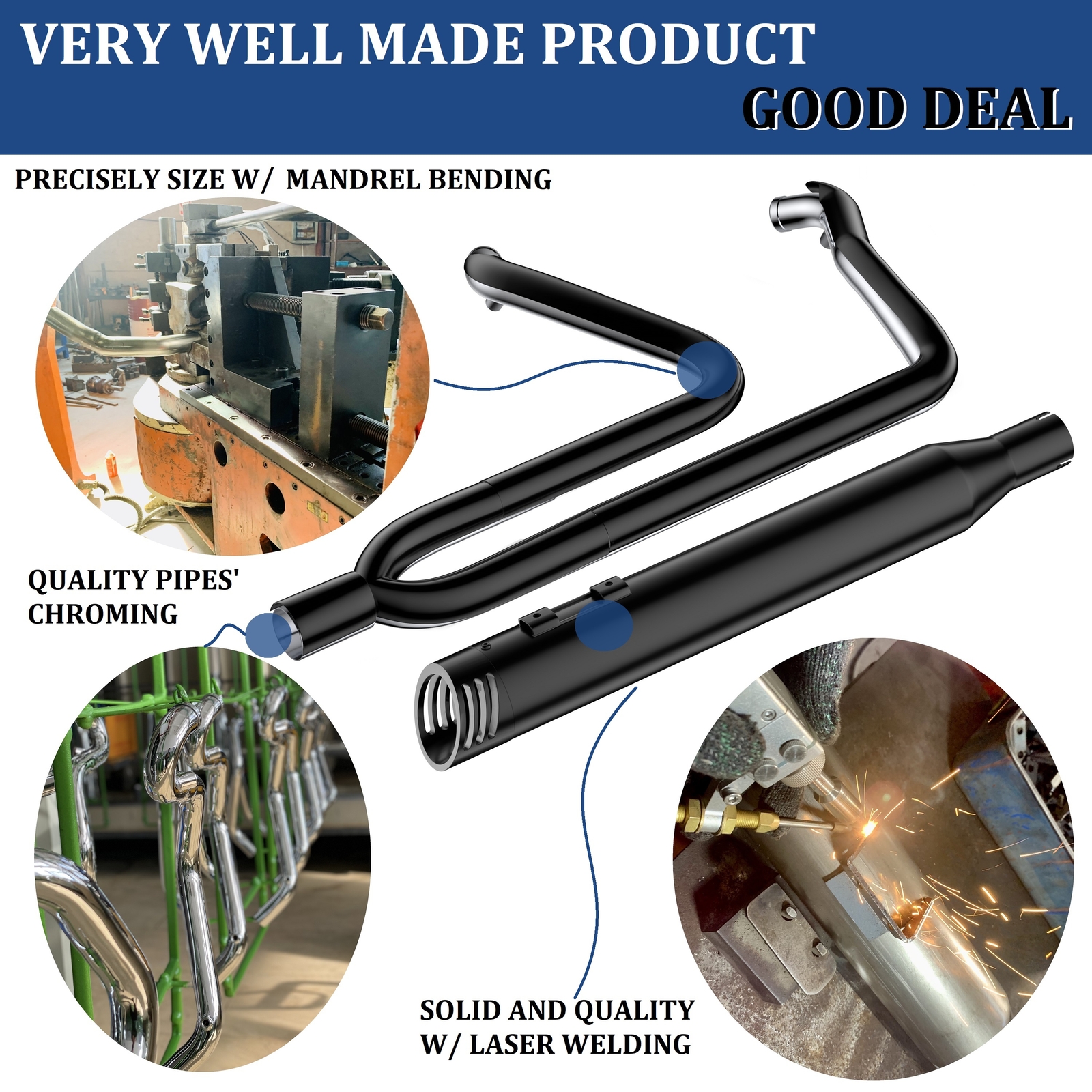 Pro 2 into 1 Black Exhaust Pipe w/ 4" Muffler Fit 1995-2016 Harley Touring