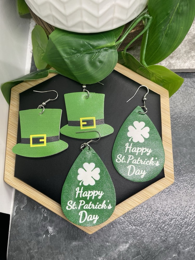 4 PC 3" Teardrop Double-Sided St. Patrick’s Day Leather Earring Set New B5149