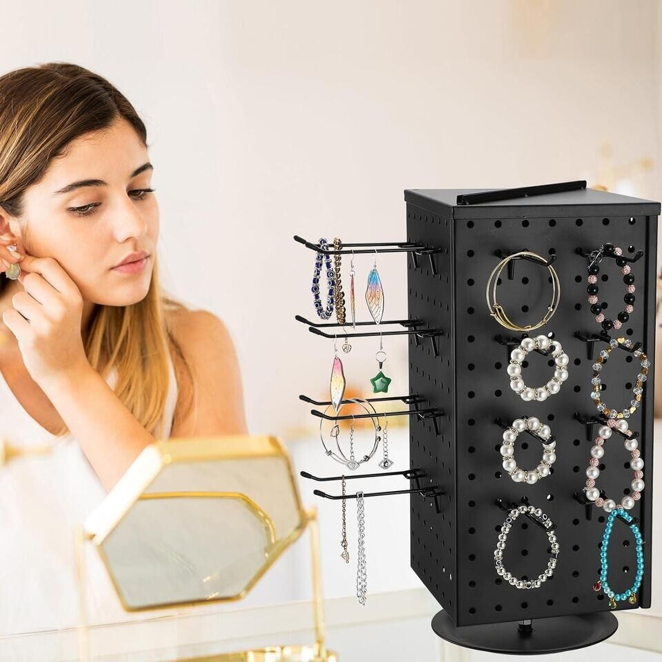 Pegboard Metal Rotating Display Stand With 20 Hooks 4 Sided Spinning Peg Board