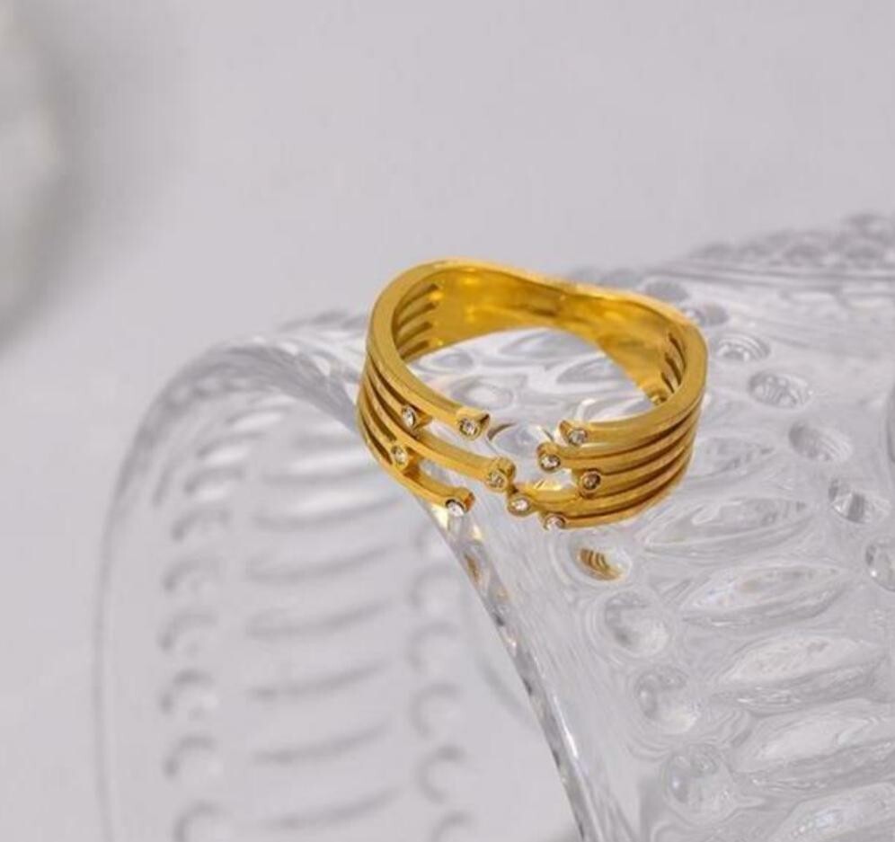 18K Gold Plated Geometric CZ Ring Size 7 Stackable Cubic Zirconia Statement Band