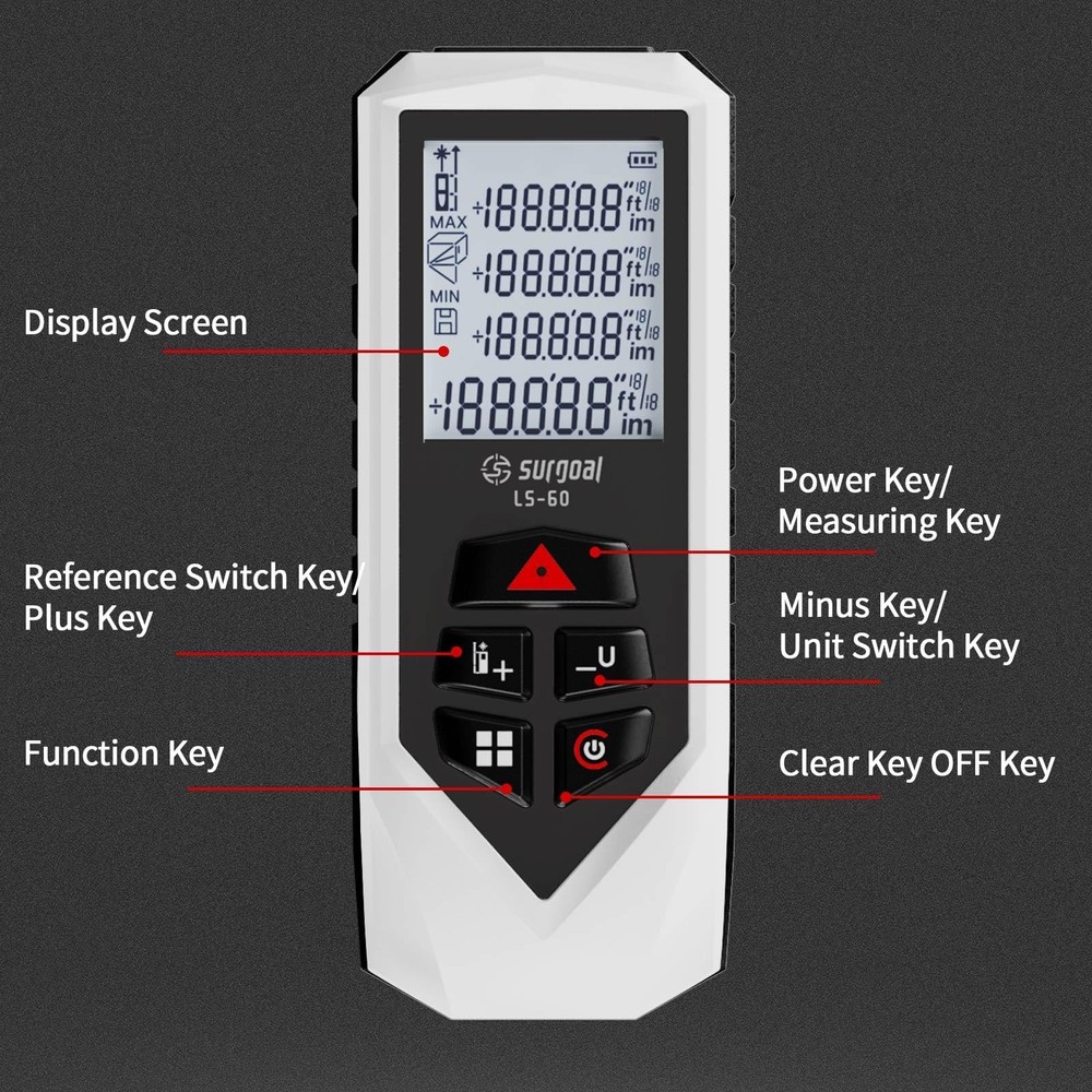 Laser Distance Meter Digital Laser Measuring Tool with LCD Backlit Display, P...