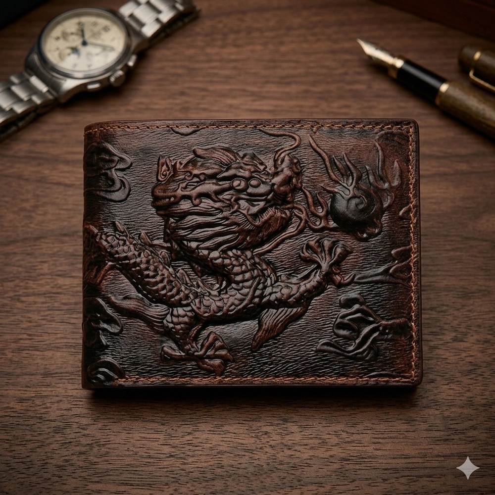 Dragon Embossed RFID Blocking Wallet Genuine Leather Brown