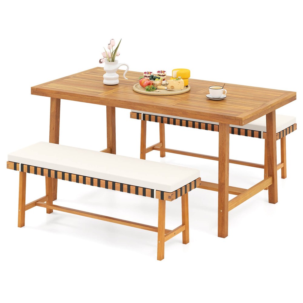 3-Piece Patio Dining Set, Rectangular Table & 2 Benches w/1.97” Umbrella Hole