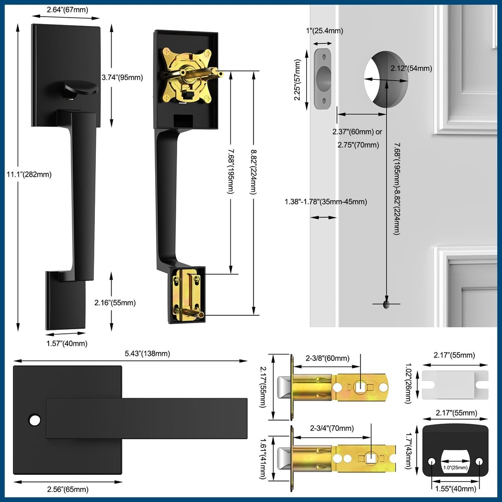 Black Front Door Handle No Lock, Exterior Entry Door Handle with Interior Pas...