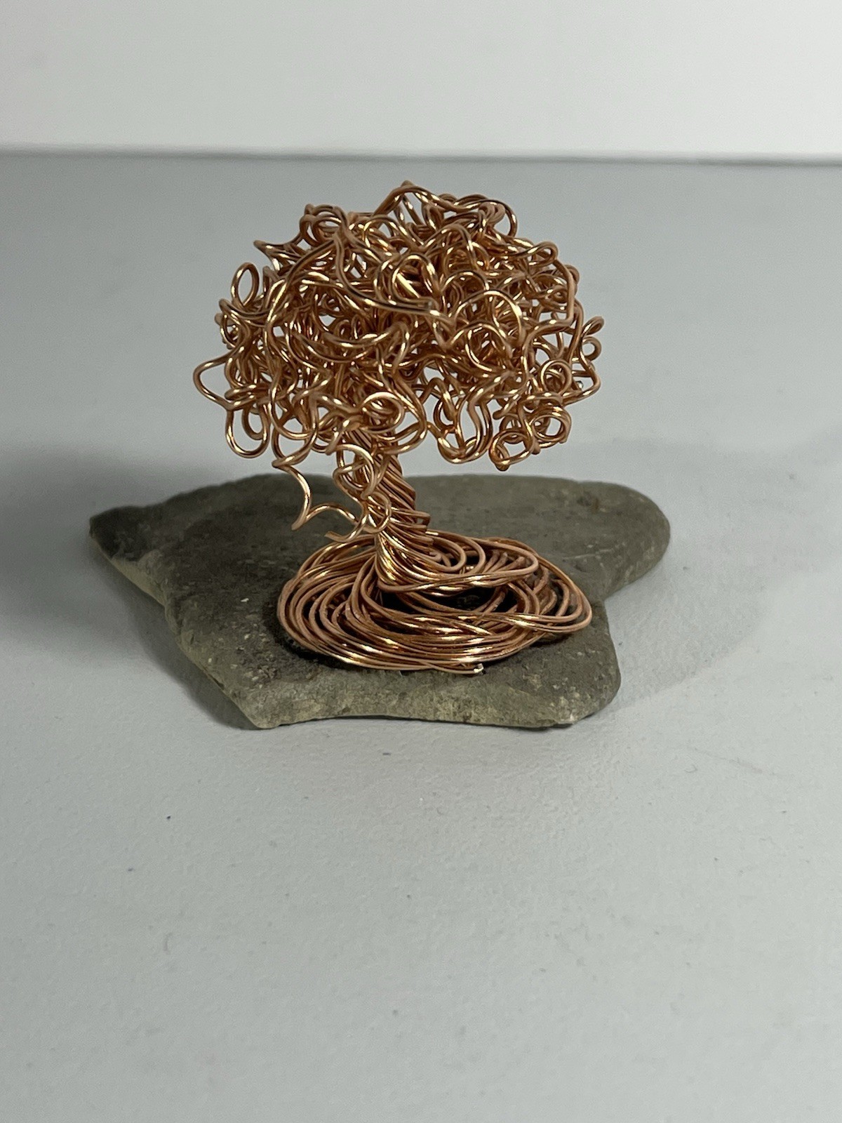 Handmade 2.25” Copper Wire Bonsai Tree Sculpture On Stone Base Decor Mini (D)